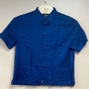 Nat Nast Mens Luxury Original Short Sleeve Button Up Shirt Blue Geometric Size L